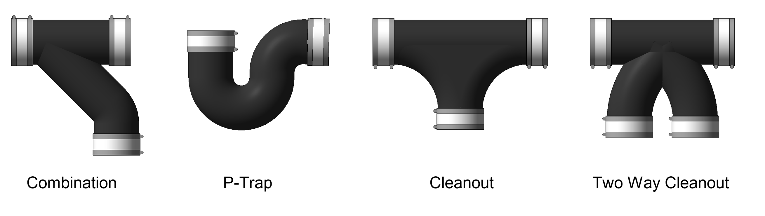 Revit plan view showing 4 different Charlotte pipe fittings: Combination, P-Trap, Cleanout, Two Way Cleanout 